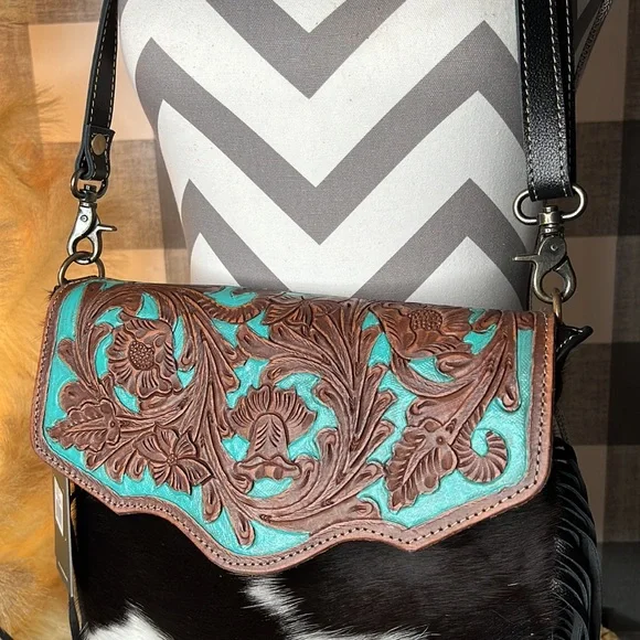 Cowhide Aqua Hand Tooled Crossbody - Picture 5 of 7